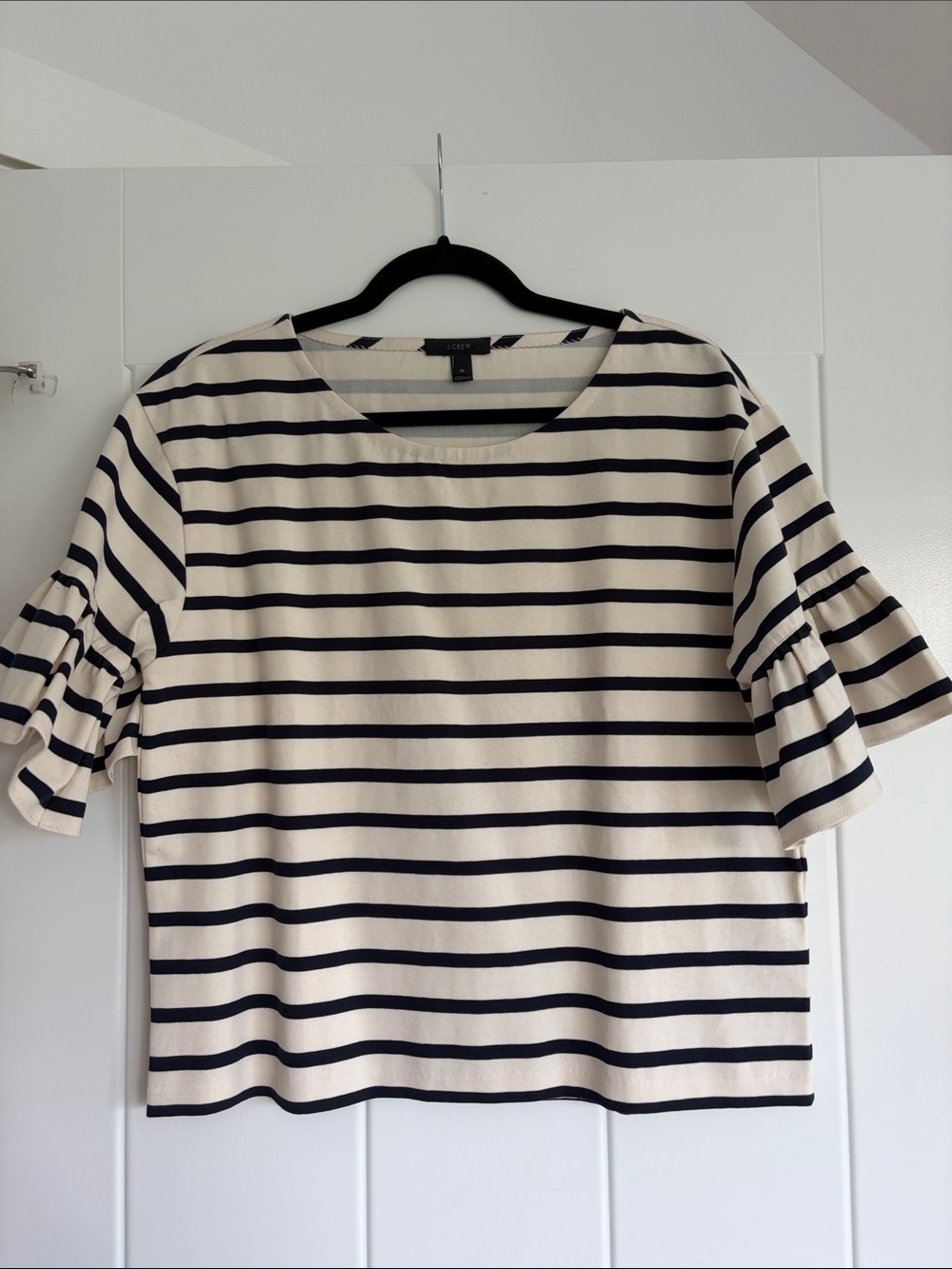 J. CrewCream and Navy Striped Ruffle Sleeve Tee